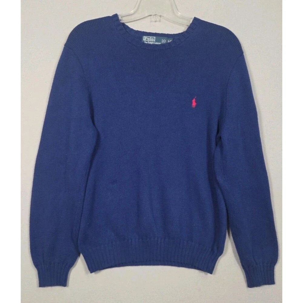 Vtg Polo Ralph Lauren Sweater Mens L Navy Crewneck Cotton Red Pony Preppy